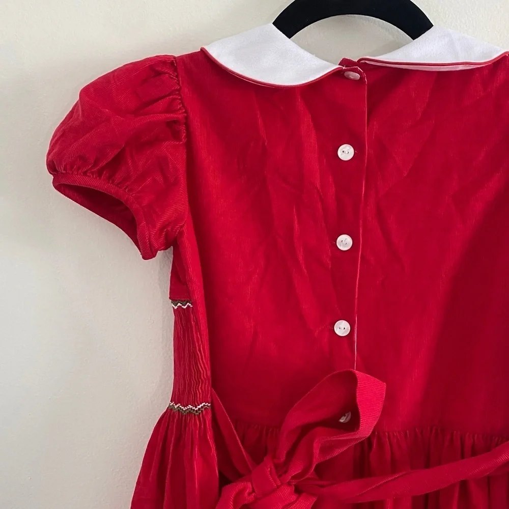 Anavini Handsmocked Girls Corduroy Christmas Candy Cane Dress with Tie Red 8